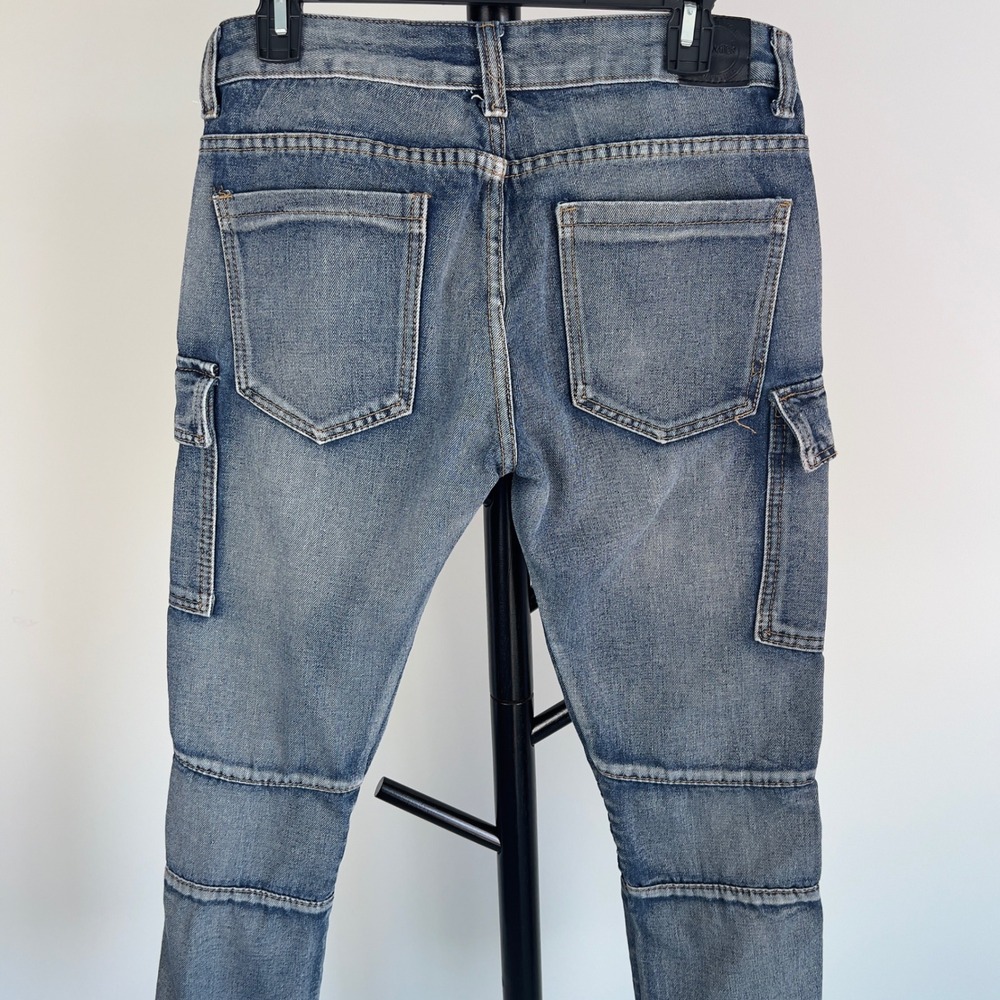 Trill Nation Mens 30x30 Moto Biker Cargo Jeans Distressed Blue Denim Ribbed Knee - Picture 5 of 13